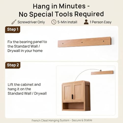 25.4" Bathroom Wall Cabinet with Grooved Doors & Open Shelf, Oak | Grooved Double Doors / Rounded Edges / 3-Position Shelf / Open Storage / Hanging Rail Mount / Natural Oak Finish