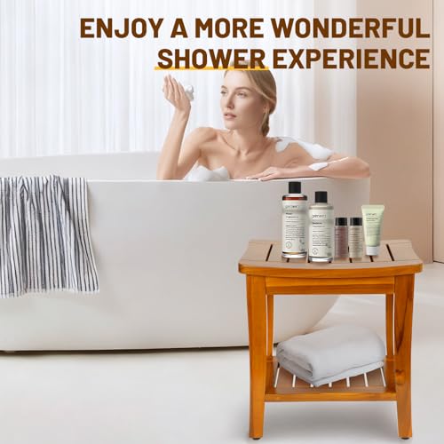 16" Compact Teak Shower Bench with Shelf, Premium Teak Shower Stool, Durable Waterproof Seat for Inside Shower, Solid Teak Wood Bench for Bathroom, Indoor & Outdoor Use - size: 16" W x 11" Dx 17" H