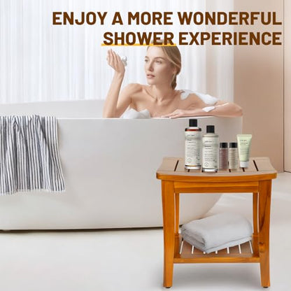 16" Compact Teak Shower Bench with Shelf, Premium Teak Shower Stool, Durable Waterproof Seat for Inside Shower, Solid Teak Wood Bench for Bathroom, Indoor & Outdoor Use - size: 16" W x 11" Dx 17" H