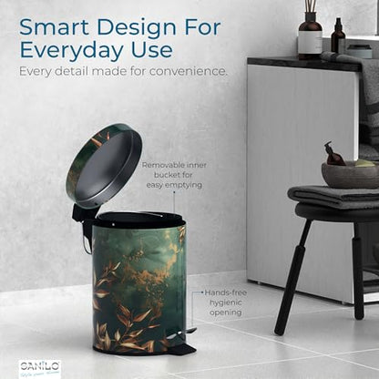Sanilo Small Bathroom Trash Can with Lid [1.3 Gallon] - Lidded Tiny Trashcan for Garbage - Mini Metal Bin with Soft Closing Mechanism - Bath Room Accessoire Wastebin with Inner Bucket (Greego) - color: Greego