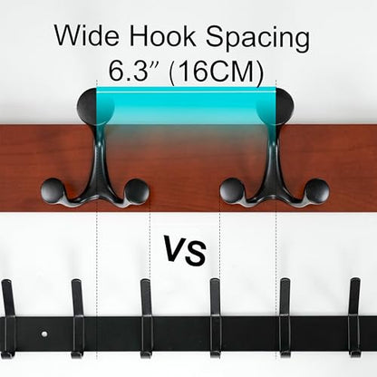 WEBI Coat Rack Wall Mount,24" Solid Wood Coat Hooks Wall Mounted Coat Hanger,16" Hole to Hole,Heavy Duty Hook Rack Rail,4 Triple Hooks for Hanging Coats,Jacket,Clothes,Hat,Backpack,Cherry - color: Cherry, size: 24 Inch