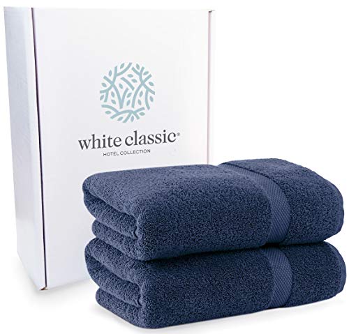 White Classic Luxury Bath Towels - 600 GSM Cotton Hotel Towel - 27x54-4 Pack - Navy Blue