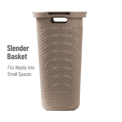 Mind Reader Slim Laundry Hamper with Lid, 60L Tall Clothes Basket, Narrow Tapered Design for Bathrooms, Closets and Laundry Rooms, Plastic, Tan - color: Tan, size: 1 Piece