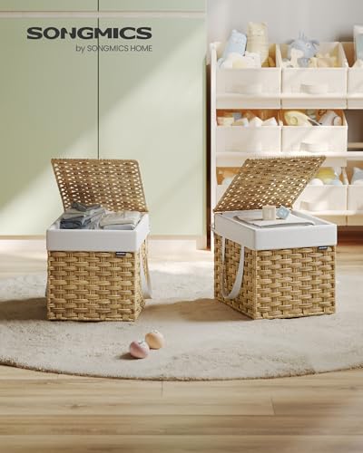 SONGMICS Laundry Hamper with Lid, 9.5 Gallon (36 L) Synthetic Rattan Clothes Laundry Basket with Lid and Handles, Foldable, Removable Liner, Goose Yellow ULCB136Y01 - color: Goose Yellow, size: 36 L