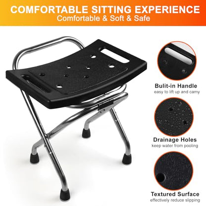 Folding Shower Seat, Stainless Eligible Shower Chair for Inside Shower, 400lbs Portable Travel Shower Stool, Safety Anti-Slip Bath Chair for Seniors, Disabled(Black)