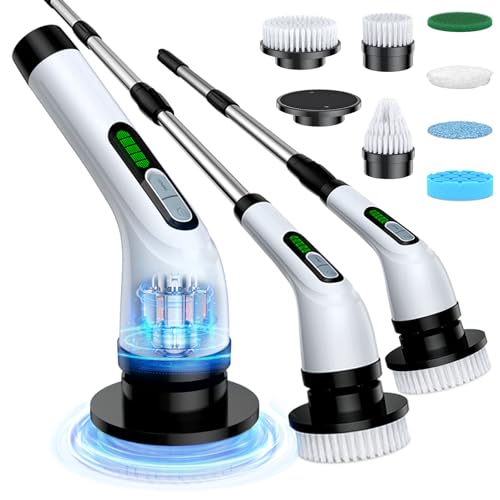 Electric Spin Scrubber, 2-Speed Cleaning Brush, Extendable Handle (White) | Includes 7 reusable brush heads and an IPX7-rated design for cleaning bathrooms, showers, kitchens, tile, floors, and grout - color: White