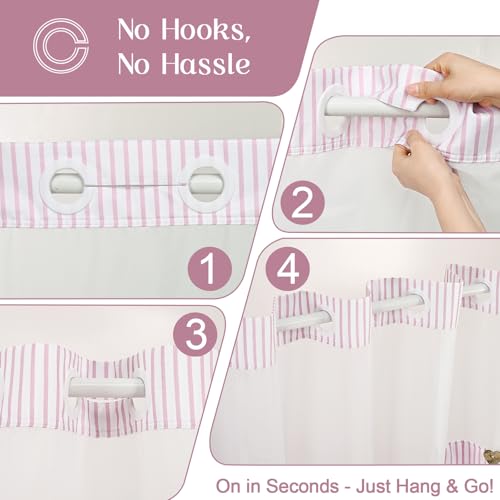 ASPMIZ Farmhouse Striped Shower Curtain and Liner Set No Hook, Pink 71x86 | No Hook Shower Curtain with Snap in Liner Fabric, Rustic Washable Waterproof Bathroom Curtains with Button, Mesh Top Window - color: Pink Striped, size: 71"W x 86"L (Pack of 1), s