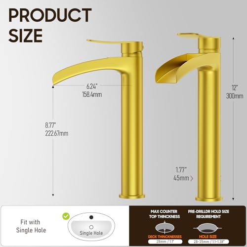 Phiestina Brushed Gold Tall Bathroom Vessel Sink Faucet 2 Pack, Single Hole Single Handle Waterfall Above Countertop Sink Bathroom Faucet, with Pop Up Drain,Water Supply Line, NS-SF01-V-BG-2pack - color: Brushed Gold, style: 2 pack