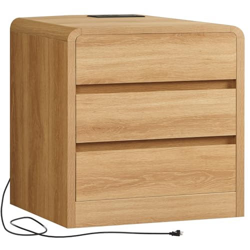 Night Stand, NightStand with 3 Storage Drawer and Charging Station, Bedside Table, Modern End Tables Wide Night Stands for Bedroom Sofa Couch Home Office, Natural - color: Unbzx026rd-zf