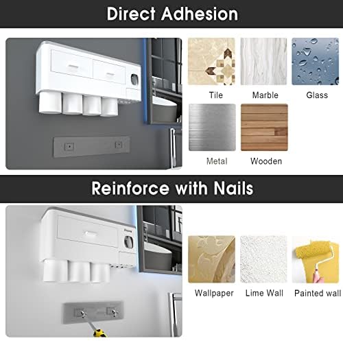 iHave Toothbrush Holders Wall Mounted with Toothpaste Dispenser & 4 Cups | All-in-One Bathroom Organizer: 4 Cups, 7 Slots, Toothpaste Dispenser, Large Tray & Drawer. Wall Mount, No Drilling Required - color: White, size: 4 cup