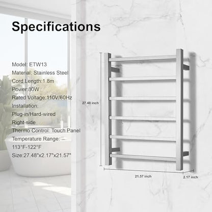 Electric Heated Towel Warmer - Wall Mounted Bathroom Towel Rack, Plug-in Design & Brushed Stainless Steel 6 Bar Brushed with Single Press - color: Square Brushed With Single Press, size: 6 Bar