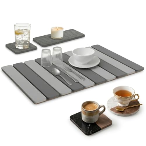5 Pcs - Large Stone Dish Drying Mat for Kitchen Counter, Foldable Quick Dry Stone Dish Mat, Diatomaceous Earth Water Absorbing Pad 24"×16" & 2*8"x4" with 2 Coasters (Dark Grey + Grey) - color: Dark Grey + Grey