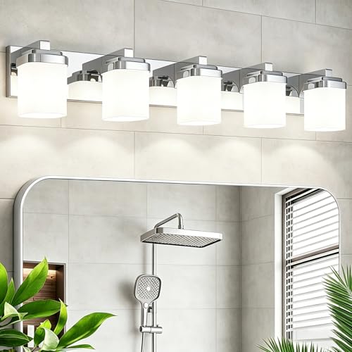 36.5 Inches Bathroom Vanity Light, 5-Light Chrome Bathroom Light Fixtures Over Mirror, Bathroom Light Shower Lamp with Milky White Square Glass Shade, Modern Farmhouse Lighting Fixtures - color: Chrome, size: 36.5 Inch : 5-lights