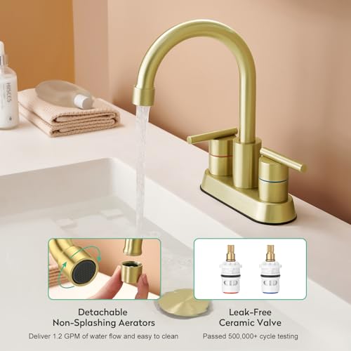 Faustina Brushed Gold Bathroom Faucet, 4 Inch Centerset Faucets for Sink 2 Holes 3 Holes，Two Handles 304 Stainless Steel Faucet with Pup up Drain Assembly and 2 Water Supply Lines for RV Vanity - color: Gold, style: Modern Centerset