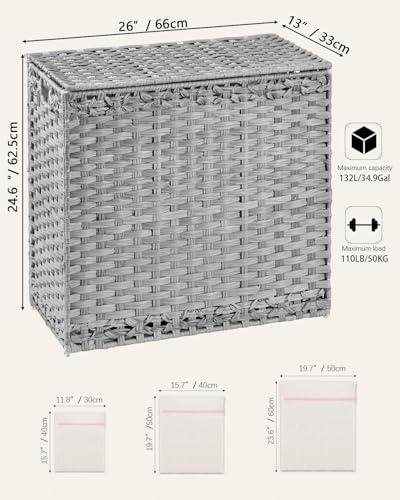 SETVSON Laundry Hamper with Lid Laundry Basket 132 L PE Rattan, Gray | 35 Gal PE Rattan Hamper with Lid, 4 Removable Washable Liners, 6 Mesh Laundry Bags, Steel Frame, Side Handles - color: Grey, size: 35.0 Gal