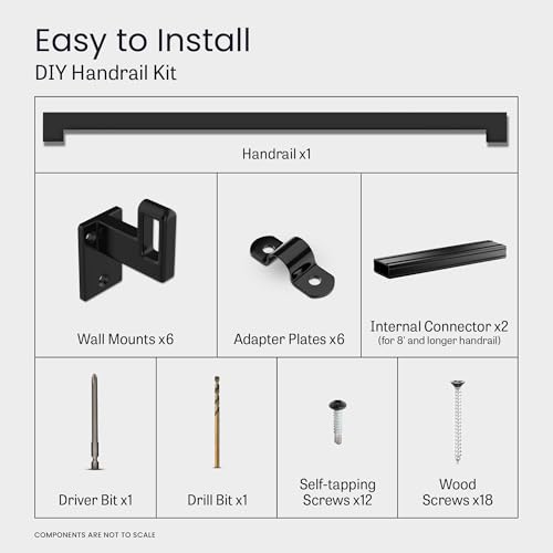 Modern Aluminum Handrail Complete DIY Kit – Matte Black with Adjustable Wall Mount Brackets Included (13' Length) - size: 13' length