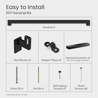 Modern Aluminum Handrail Complete DIY Kit – Matte Black with Adjustable Wall Mount Brackets Included (13' Length) - size: 13' length