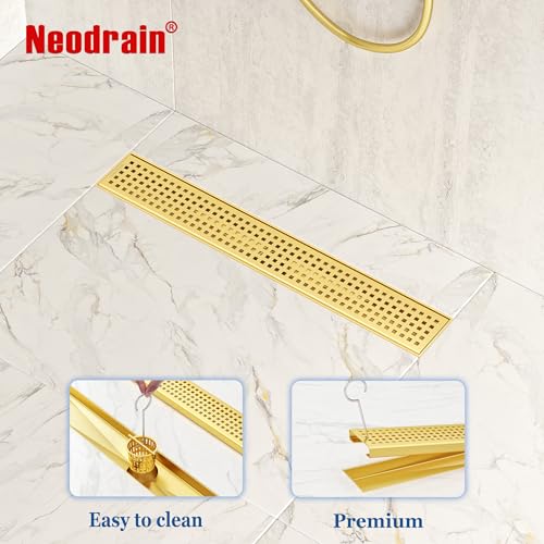 Neodrain 18" Linear Shower Drain, Gold 304 SS Bathroom Linear Drain,cUPC | Gold Shower Drain with Quadrato Grate& Adjustable Feet, Long Rectangle Shower Floor Drain in Bathroom, Balcony etc - color: Golden, size: 18 In