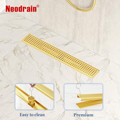 Neodrain 18" Linear Shower Drain, Gold 304 SS Bathroom Linear Drain,cUPC | Gold Shower Drain with Quadrato Grate& Adjustable Feet, Long Rectangle Shower Floor Drain in Bathroom, Balcony etc - color: Golden, size: 18 In