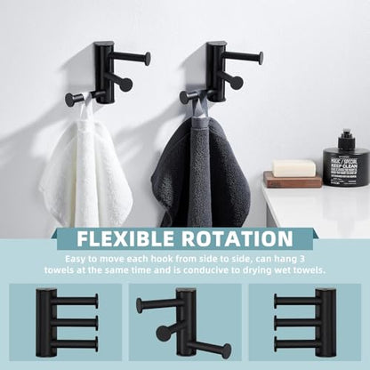 Suyar Towel Hook for Bathroom, Swivel Robe Holder with 3 Arms, Matte Black | 2 Pack, SUS304 Stainless Steel, Wall Mounted - color: Matte Black, size: 2 Pack