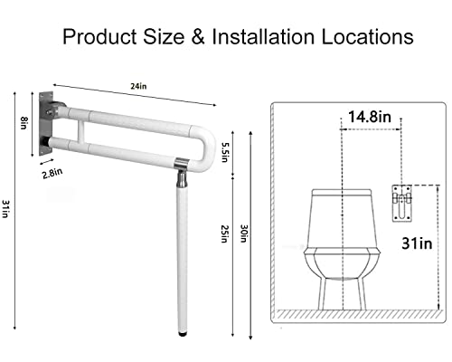 MYOYAY 24In Toilet Safety Rails Wall Mount Floor Support Foldable Toilet Grab Bar Handicap Grab Bars Rails Non-Slip Stainless Steel Flip Up Grab Bar Fluorescent Handrails for Seniors Disabled Pregnant