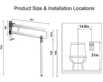 MYOYAY 24In Toilet Safety Rails Wall Mount Floor Support Foldable Toilet Grab Bar Handicap Grab Bars Rails Non-Slip Stainless Steel Flip Up Grab Bar Fluorescent Handrails for Seniors Disabled Pregnant