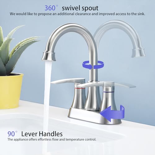 Brushed Nickel Bathroom Faucet, 2-Handle Lead-Free 360° Swivel High-Arc Spout 4 Inch Centerset Bath Lavatory Vanity Sink Faucets Set for Sinks with Drain & Water Hoses, VABM80008L - color: Brushed Nickel