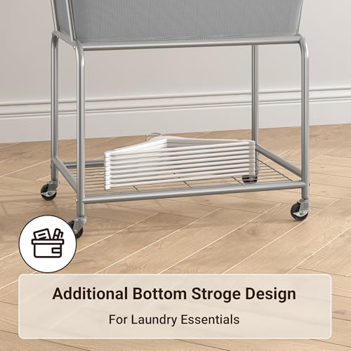 ELYKEN Rolling Laundry Hamper with Wheels, Removable Bag, Laundry Cart | 32-Gallon (122L), 2-Tier Clothes Basket with Shelf, Metal Frame, Ideal for Closet, Bedroom, Bathroom & Laundry Room, Gray - color: Gray, size: 27.4"L x 19.9"W x 30.9"H