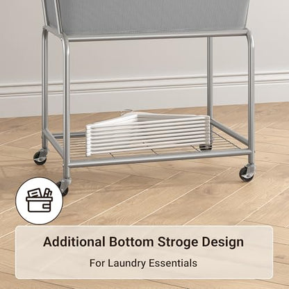 ELYKEN Rolling Laundry Hamper with Wheels, Removable Bag, Laundry Cart | 32-Gallon (122L), 2-Tier Clothes Basket with Shelf, Metal Frame, Ideal for Closet, Bedroom, Bathroom & Laundry Room, Gray - color: Gray, size: 27.4"L x 19.9"W x 30.9"H