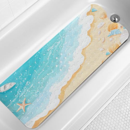 LNOND Summer Beach Bathtub Mat Non Slip, 40 X 16 Inch Tub Mat for Bathroom, Cute Sand Beach Bath Tub Shower Mat with Drain Holes and Suction Cups - color: Cute Sand Beach Bathtub Mat