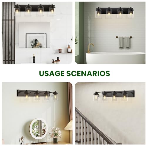 Bathroom Vanity Light Fixture, 4-Light Modern Black Vanity Light Fixtures with Clear Glass Shade, Matte Black Bathroom Light Fixtures Over Mirror, Rustic Restroom Lighting Fixtures - color: Black, size: 4-Light