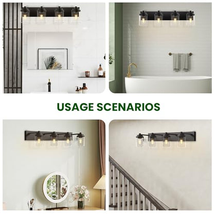 Bathroom Vanity Light Fixture, 4-Light Modern Black Vanity Light Fixtures with Clear Glass Shade, Matte Black Bathroom Light Fixtures Over Mirror, Rustic Restroom Lighting Fixtures - color: Black, size: 4-Light
