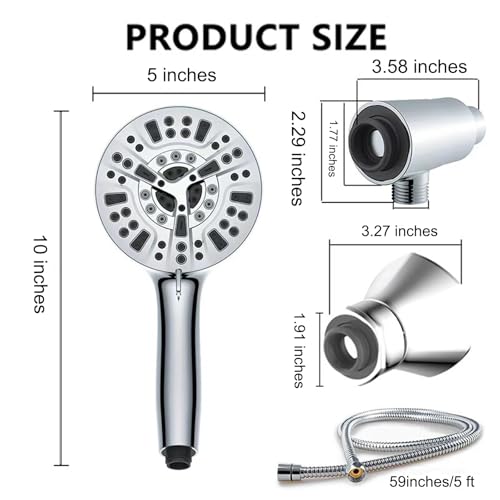 High Pressure Shower Head with Magnetic Back Fixed Base Design,Handheld Showerhead with Hose Set Stainless Steel 59 inches/5 ft 10-Setting 5 inches Large Face,Chrome Finish - color: Metallic Silver