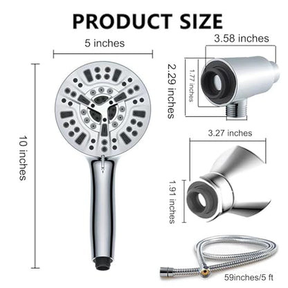 High Pressure Shower Head with Magnetic Back Fixed Base Design,Handheld Showerhead with Hose Set Stainless Steel 59 inches/5 ft 10-Setting 5 inches Large Face,Chrome Finish - color: Metallic Silver