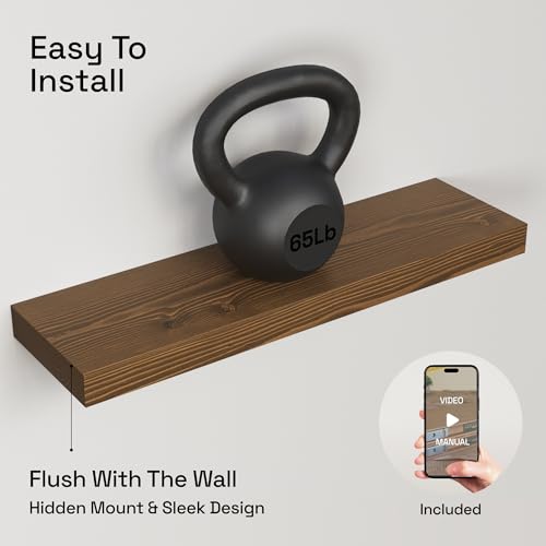 Solid Wood Floating Shelves for Wall 24 Inch Walnut, Wooden Bathroom Shelf | Real Wood, Wall Mounted, Rustic Farmhouse, Bedroom Kitchen Living Room, Walnut Finish, 24W x 6,7D, Set of 2 - color: Walnut, size: 24 Inch