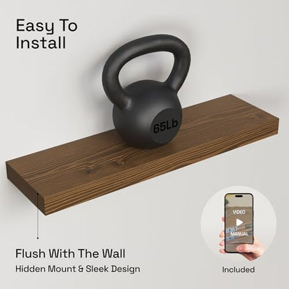 Solid Wood Floating Shelves for Wall 24 Inch Walnut, Wooden Bathroom Shelf | Real Wood, Wall Mounted, Rustic Farmhouse, Bedroom Kitchen Living Room, Walnut Finish, 24W x 6,7D, Set of 2 - color: Walnut, size: 24 Inch
