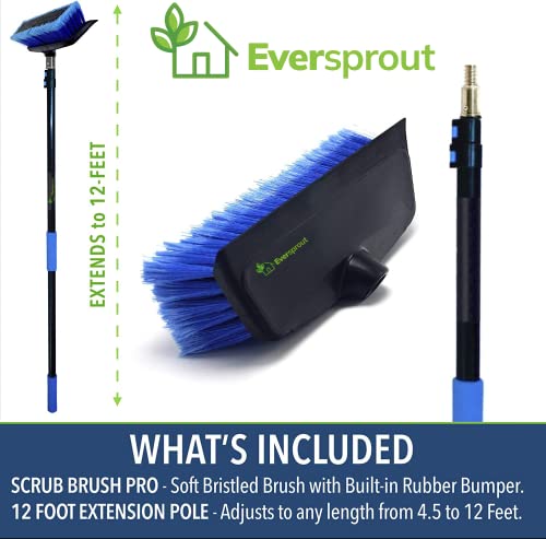 EVERSPROUT Car Brush with Rubber Bumper 5-to-12 Ft with Extension Pole | For Cars, Boats, SUVs, Trucks, Solar Panels, Reaches 20 Ft Standing, No-Scratch Rubber Bumper, Fits 3/4” Acme Threads - size: 12 feet