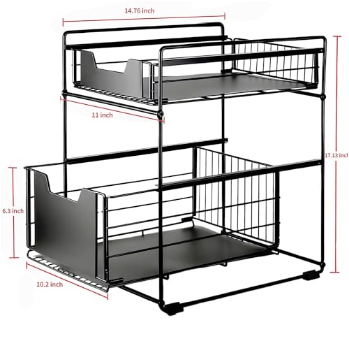 2 Tier Under Sink Organizer,Slide Out Kitchen Cabinet Organizer,Pull Out Pantry Storage with 2 baskets, Office Supplies,Kitchen,Bathroom Organizer with Sliding Drawer,Large Capacity,Multi-Use