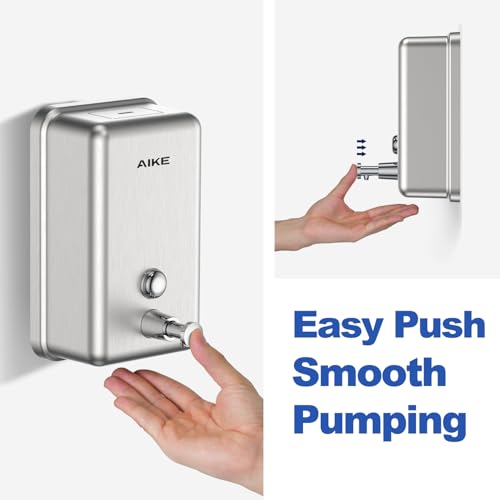 AIKE Nail-Free Glue Wall Mount Liquid Soap Dispenser, 37oz for Bathroom | No-Drill and Screw Wall Mount Design for Space-Saving,Large Capacity with Safety Key for Commercial Bathroom,Stainless Steel