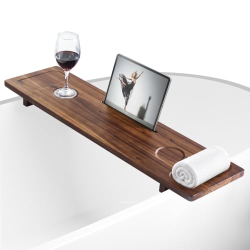 Acacia Wood Bathtub Caddy Tray 34.6" Adjustable Bath Tray for Tub | Bathtub Tray With Non-Slip Grip, Water-Resistant Wood & Stable Expandable Design Keeps Bath Essentials Secure & Within Reach - color: Walnut