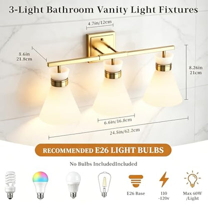 Brushed Gold Bathroom Vanity Lights, 3-Light Bathroom Light fixtures Over Mirror, Modern Vanity Lighting Fixtures with Frosted Glass Shades E26 Base,Wall Mount Scones for Mirror (Bulbs Not Included) - color: Gold