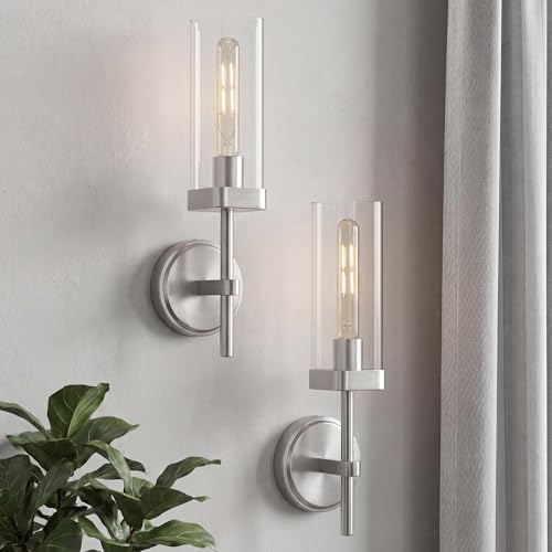 Set of 2 Brushed Nickel Bathroom Sconces, Square Clear Glass | Modern bathroom vanity light fixtures, upward-only mount, E26 base, hardwired, bulbs not included, VL262-BN-2PK - color: Brushed Nickel-Square Clear Glass, 2-Pack