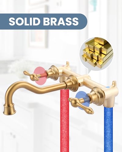 Gold Bathroom Faucet Wall Mount: WOWOW Antique Bathroom Sink Faucet 2 Handle Lavatory Faucet 3 Hole Tap and Rough-in Valve Included - color: Brushed Gold
