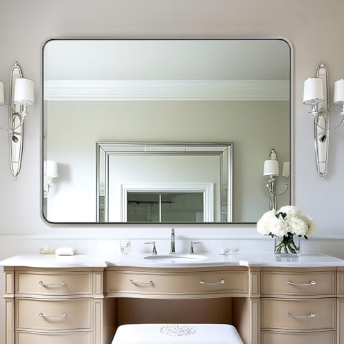 ANDY STAR 48x32 Inch Chrome Bathroom Mirror, Chrome Bathroom Vanity Mirror, Rounded Rectangle Mirror, Anti-Rust SUS304, Seamless Tube Metal Frame, 1’’ Deep Wall Mounted Vertically/Horizontal - color: Polished Chrome, size: 48"L x 32"W