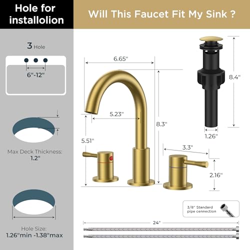 FORIOUS Bathroom Faucet 3 Hole, 360° Swivel 8 Inch Sink Faucet Brushed Gold | with Pop Up Drain, 2 Handles,for Sink Vanity RV Lavatory Farmhouse, 304 Stainless Steel, Lead-free, Leakproof - color: Brushed Gold