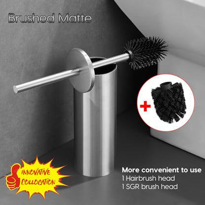 Stainless Steel Toilet Bowl Brush, Brushed Dual-Brush Head | AIREMOEN Toilet brush, dual-head design, toilet brush, bathroom accessories, freestanding - color: Brushed