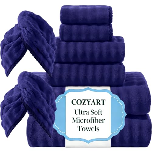 COZYART Lint Free 8Pcs Bathroom Towels Set Ultra Soft Microfiber Navy Blue | Cloud-soft, Ultra fluffy, Thick, Highly Absorbent, Quick Dry, Lint-Free Towels - color: Navy Blue