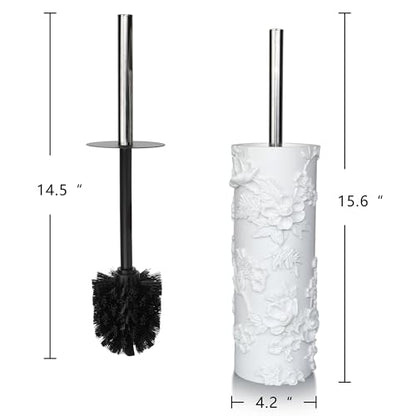 White Floral Branches Design Resin Toilet Bowl Brush and Holder Set, Elegant Bathroom Cleaning Tool with Durable Bristles, Compact and Functional - style: White Branches
