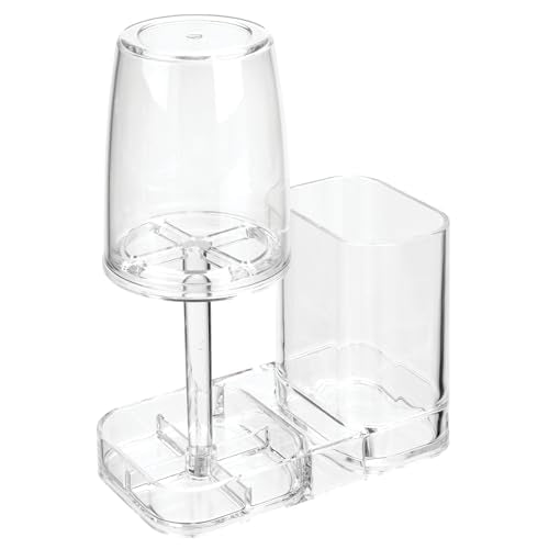 mDesign Modern Plastic Bathroom Vanity Countertop Toothpaste & Toothbrush Holder Stand with Rinsing Cup/Cover - Dental Center Holds Electric Toothbrushes - Clear