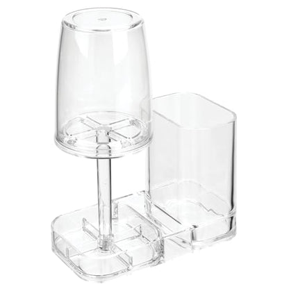 mDesign Modern Plastic Bathroom Vanity Countertop Toothpaste & Toothbrush Holder Stand with Rinsing Cup/Cover - Dental Center Holds Electric Toothbrushes - Clear
